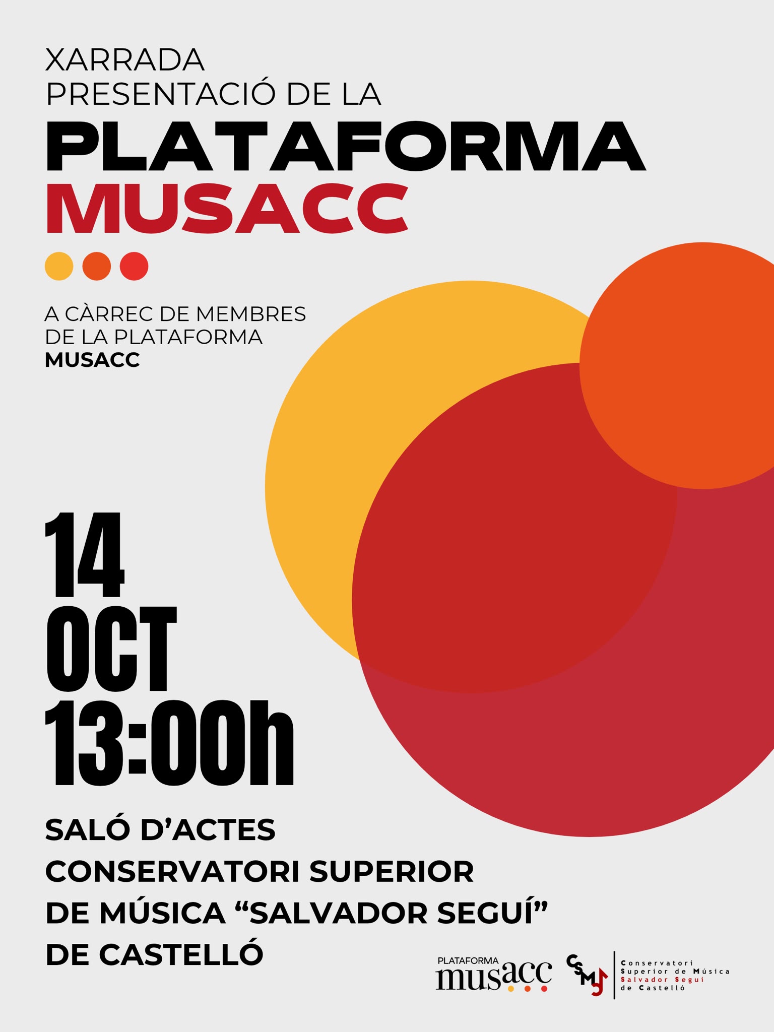 Xarrada de presentació de la Plataforma MUSACC a Castelló, 14 d'octubre a les 13:00 h